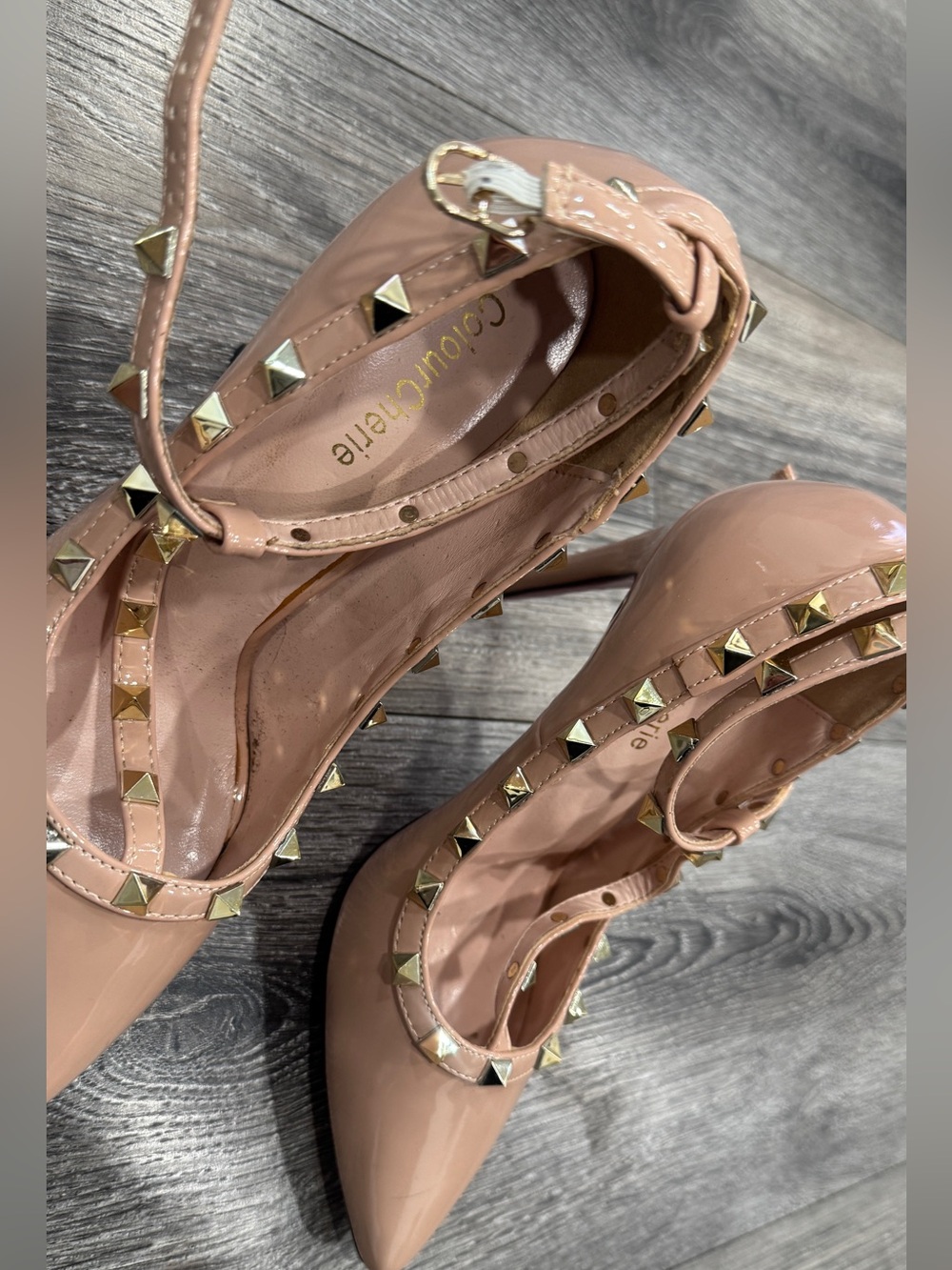 Blush Patent Pointed-Toe Studded Pumps